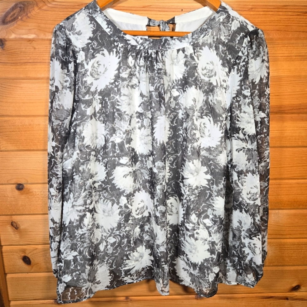 Talbots Blouse Long Sleeve Floral Sheer Sleeves Gray White Metallic Womens XL